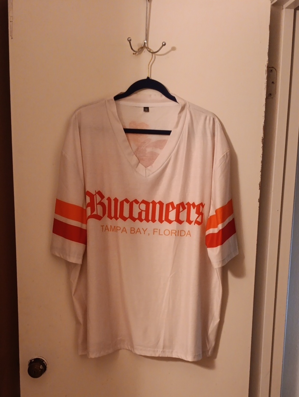NWOT Buccaneers V-Neck Short Sleeve Tee with Orange Stripes